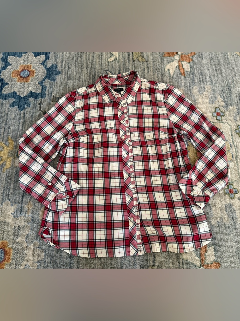 Talbots Button Up Womens large Petite Red White party Plaid Long Sleeve Blouse